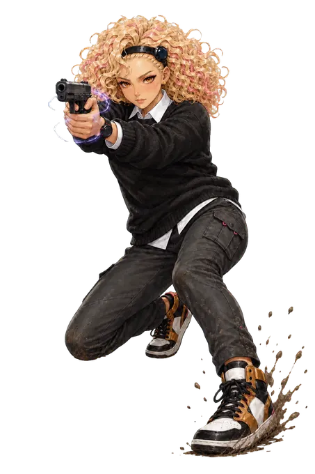 Nanoko holding a pistol in an action pose